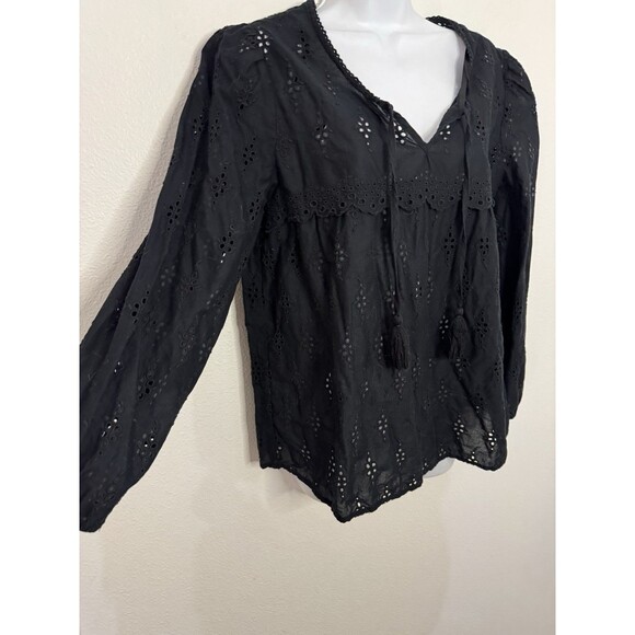 Style & Co Eyelet Tassel Balloon Long Sleeve Blouse Black Women’s Size M EUC - Picture 2 of 6